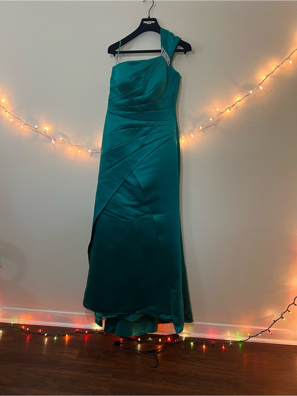 Pronovias Teal One-Shoulder Evening Gown with Embellished Strap